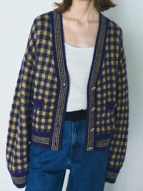 Check Tweed Yellow Purple Fuzzy Knit Cardigan V-Neck Button Front Sweater